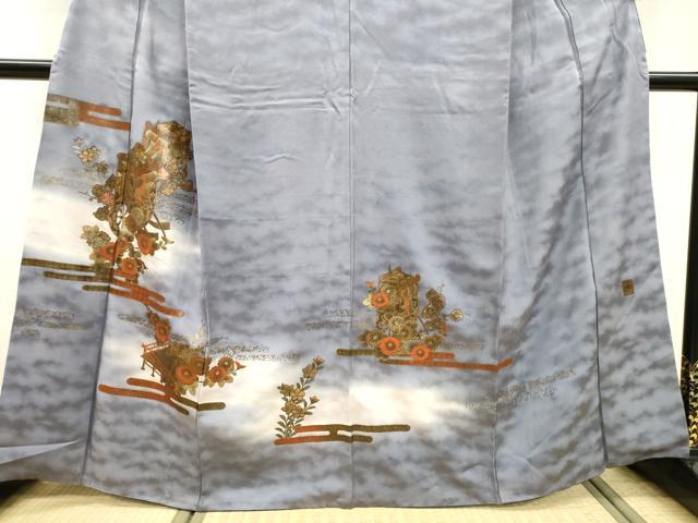平和屋着物▼漆工芸作家 金森一博 訪問着 御所車霞花文 暈し染 金彩 正絹 逸品 DABF2109fe