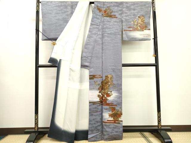 平和屋着物▼漆工芸作家 金森一博 訪問着 御所車霞花文 暈し染 金彩 正絹 逸品 DABF2109fe