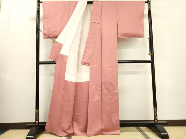 平和屋着物▼無地絵羽訪問着 総刺繍 檜扇花文 薄紅色 正絹 逸品 DABF2133fe