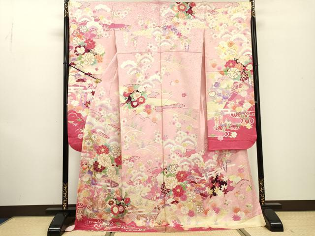 平和屋着物●豪華振袖 駒刺繍 渡り橋花松文 暈し染 金彩 正絹 逸品 DABF2288fe