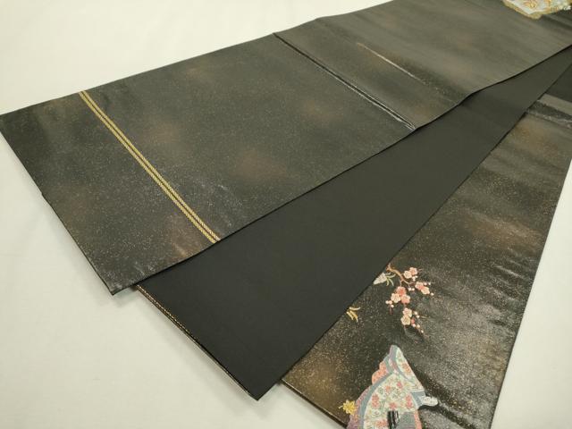 平和屋着物▼太鼓柄袋帯 唐織 初音花鳥色紙絵文 黒地 金糸 引箔 正絹 逸品 DABF2335fe