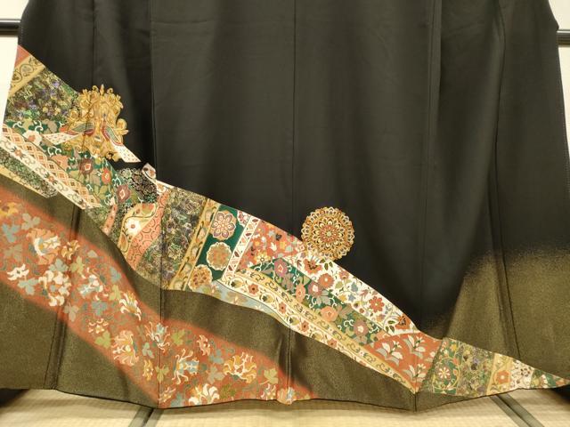 平和屋着物▼中国三大刺繍 相良刺繍 黒留袖 駒刺繍 向かい鳥花唐草文 暈し染 金彩 正絹 逸品 DABF2398fe