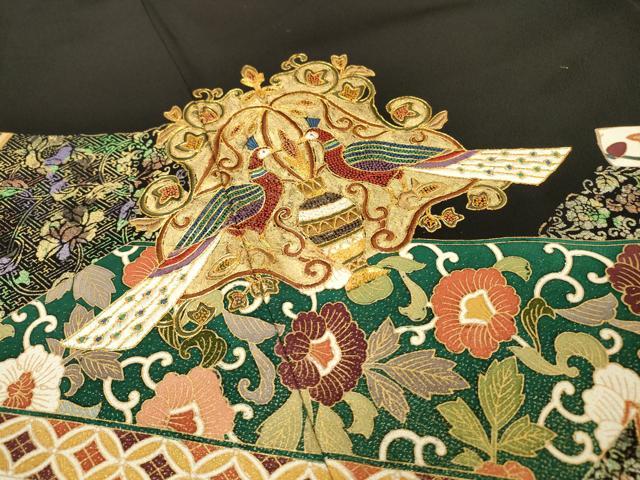 平和屋着物▼中国三大刺繍 相良刺繍 黒留袖 駒刺繍 向かい鳥花唐草文 暈し染 金彩 正絹 逸品 DABF2398fe