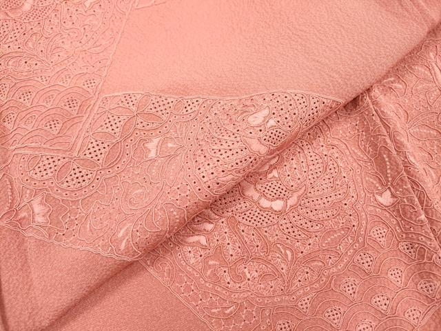 平和屋着物▼中国三大刺繍 スワトウ刺繍 汕頭刺繍 総刺繍 無地絵羽訪問着 吉祥花鳥文 甚三紅色 正絹 逸品 DABF2474fe