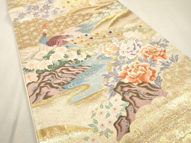 平和屋着物▼六通柄袋帯 唐織 日本屏風絵 山水四季花鳥図 伝雪舟 金糸 正絹 逸品 DABF2521fe