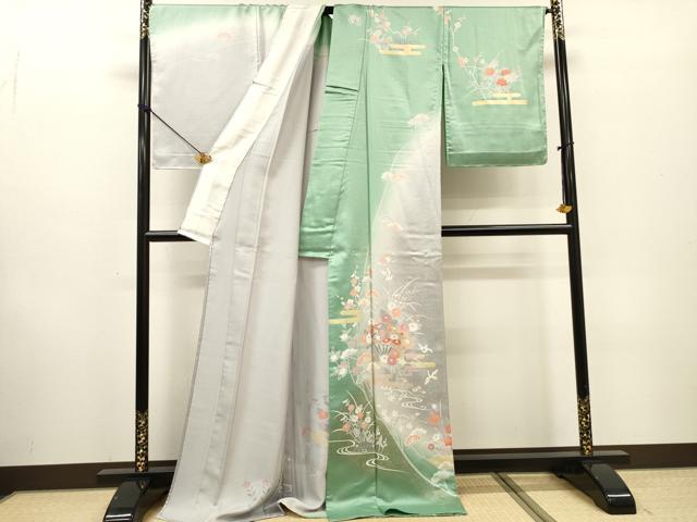 平和屋着物▽訪問着 単衣 刺繍 扇面飛鶴花松文 暈し染 金銀彩 ロング丈 正絹 逸品 未使用 DABF2529fe
