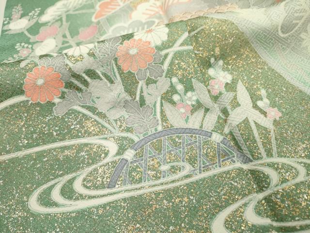 平和屋着物▽訪問着 単衣 刺繍 扇面飛鶴花松文 暈し染 金銀彩 ロング丈 正絹 逸品 未使用 DABF2529fe