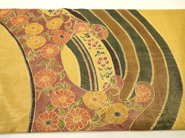 平和屋着物▼太鼓柄袋帯 紬地 駒刺繍 菊唐草文 金彩 金通し地 正絹 逸品 DABF2715fe
