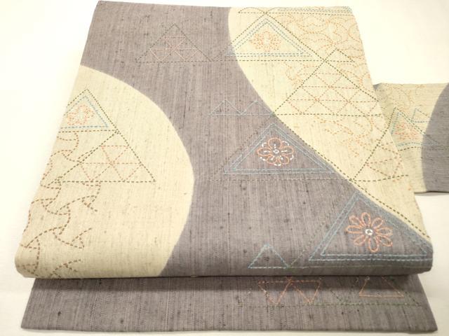 平和屋着物●九寸名古屋帯 紬地 刺し子 幾何学花文 正絹 逸品 DABF2729fe