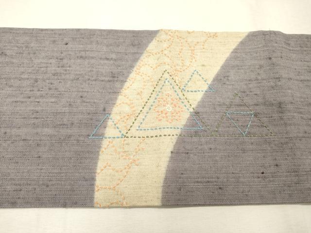 平和屋着物●九寸名古屋帯 紬地 刺し子 幾何学花文 正絹 逸品 DABF2729fe