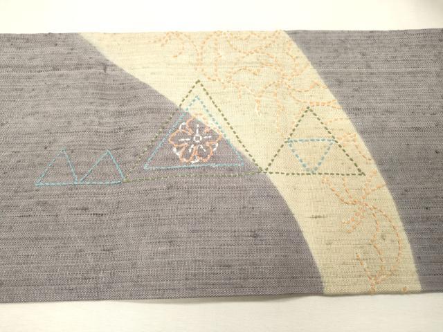 平和屋着物●九寸名古屋帯 紬地 刺し子 幾何学花文 正絹 逸品 DABF2729fe