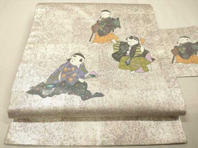 平和屋着物▼九寸名古屋帯 螺鈿箔 手描き 人物文 銀彩 正絹 逸品 DABF2738fe