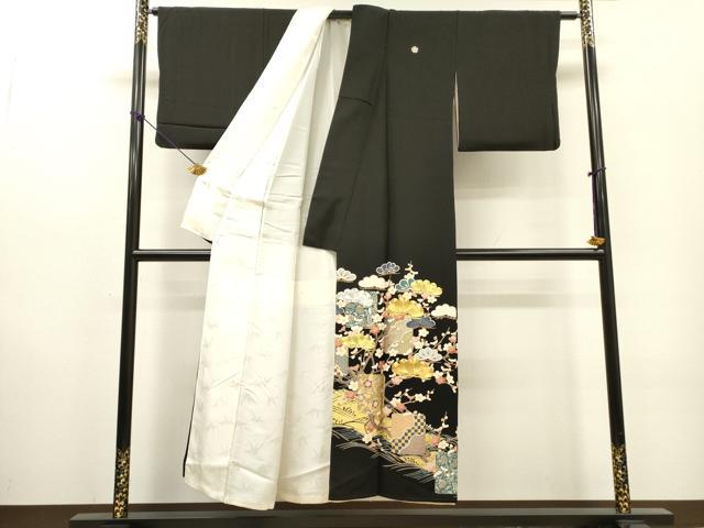 平和屋着物▼豪華黒留袖 作家物 駒刺繍 地紙枝花松文 金彩 正絹 逸品 DABF2882fe