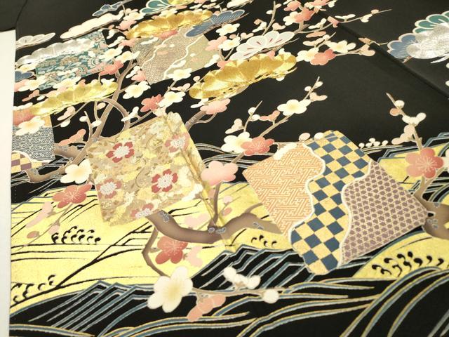 平和屋着物▼豪華黒留袖 作家物 駒刺繍 地紙枝花松文 金彩 正絹 逸品 DABF2882fe