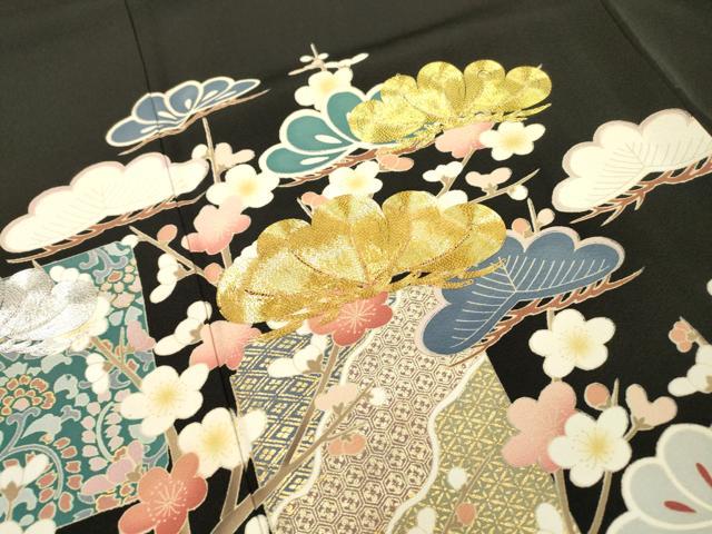 平和屋着物▼豪華黒留袖 作家物 駒刺繍 地紙枝花松文 金彩 正絹 逸品 DABF2882fe