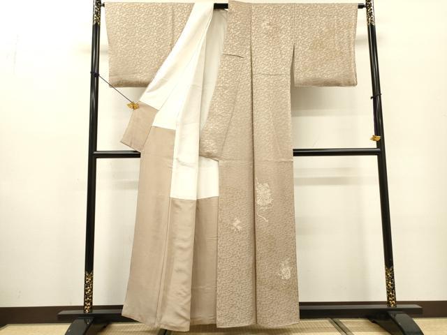 平和屋着物▼訪問着 総刺繍 片輪車花文 金彩 白茶色 正絹 逸品 DABF2891fe