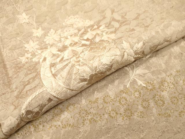 平和屋着物▼訪問着 総刺繍 片輪車花文 金彩 白茶色 正絹 逸品 DABF2891fe