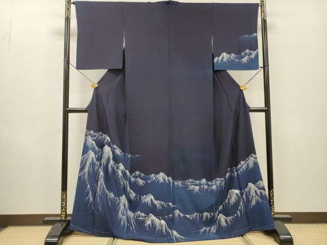 平和屋着物●藍造り国選定無形文化財 藍師・佐藤昭人 訪問着 重ね山 銀糸 正絹 逸品 DABF2937fe