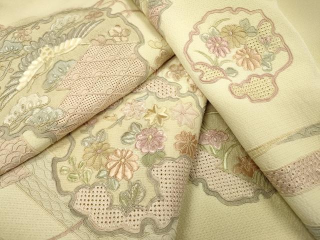 平和屋着物▼中国三大刺繍 スワトウ刺繍 汕頭刺繍 総刺繍 訪問着 几帳雪輪飛鶴花文 暈し染め 正絹 逸品 DABF2966fe