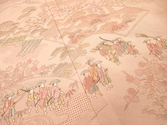 平和屋着物▼中国三大刺繍 スワトウ刺繍 汕頭刺繍 総刺繍 訪問着 地紙人物風景文 暈し染め 金糸 正絹 逸品 DABF2972fe