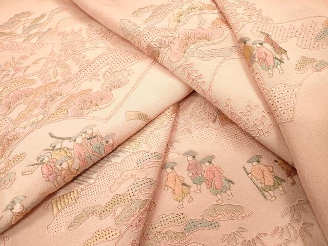 平和屋着物▼中国三大刺繍 スワトウ刺繍 汕頭刺繍 総刺繍 訪問着 地紙人物風景文 暈し染め 金糸 正絹 逸品 DABF2972fe