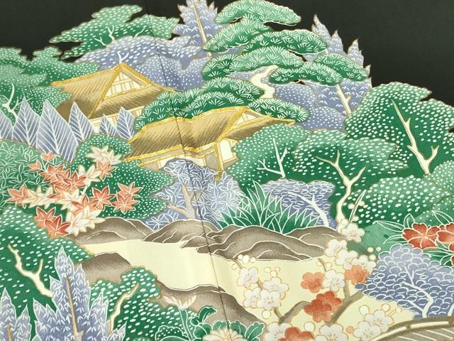 平和屋着物■黒留袖 駒刺繍 風景花文 金彩 洗える着物 DABF3039op