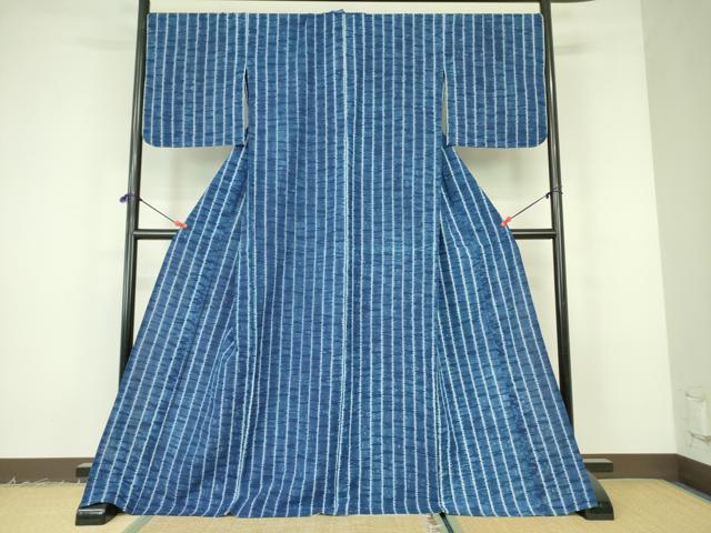 平和屋着物▽上質な紬 単衣 藍 絞り 間道 ロング丈 正絹 逸品 DABF3103op