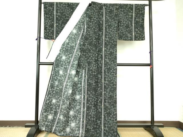 平和屋着物▽小紋 単衣 舞桜間道 黒地 洗える着物 DABF3105op
