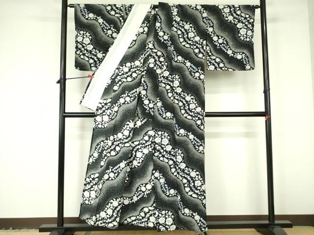平和屋着物▽小紋 単衣 辻が花 黒地 洗える着物 DABF3149op