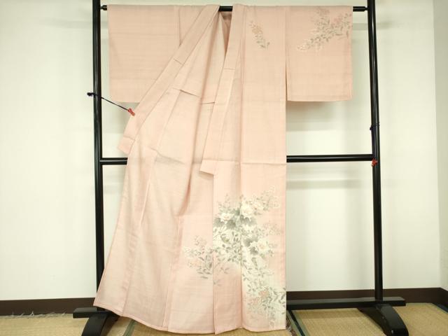 平和屋着物▽訪問着 単衣 紬地 手描き 草花 正絹 逸品 未使用 DABF3155op