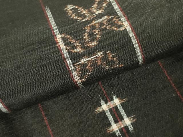 平和屋着物▽上質な紬 単衣 絣花間道 黒地 正絹 逸品 未使用 DABF3164op