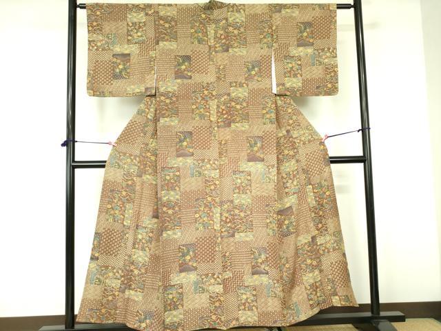 平和屋着物▽上質な小紋 単衣 型染 風景花文 正絹 逸品 DABF3166op