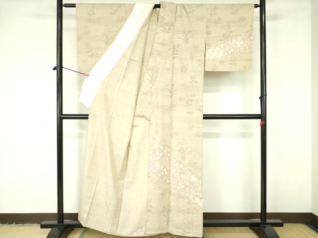 平和屋着物▽訪問着 単衣 生紬 絞り 花唐草文 正絹 逸品 DABF3169op
