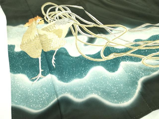 平和屋着物▼豪華黒留袖 刺繍 鶏 ニワトリ 暈し染め 金銀糸 正絹 逸品 DABF3219op
