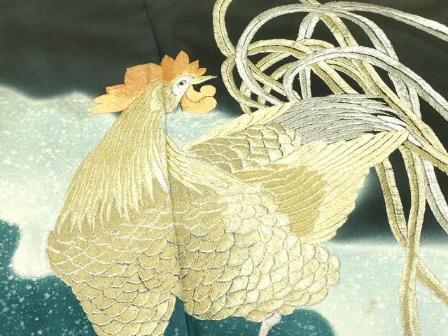 平和屋着物▼豪華黒留袖 刺繍 鶏 ニワトリ 暈し染め 金銀糸 正絹 逸品 DABF3219op