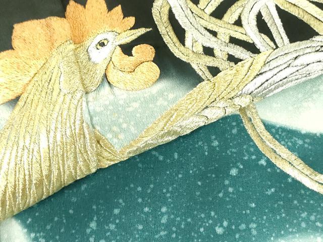 平和屋着物▼豪華黒留袖 刺繍 鶏 ニワトリ 暈し染め 金銀糸 正絹 逸品 DABF3219op