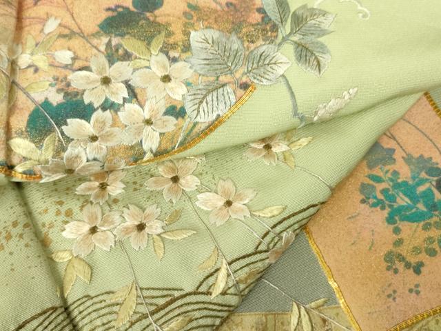 平和屋着物▼訪問着 駒刺繍 流水花文 枝垂れ桜 暈し染め 金彩 やまと誂製 正絹 逸品 DABF3254op
