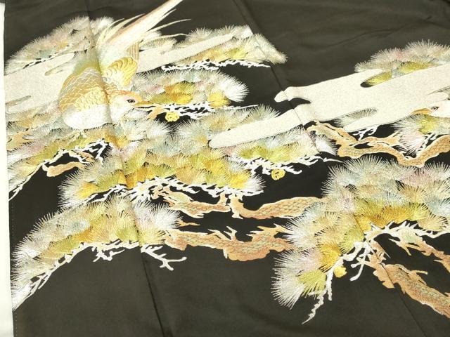 平和屋着物▼豪華黒留袖 総刺繍 尾長鳥 松葉文 金銀糸 正絹 逸品 DABF3275op