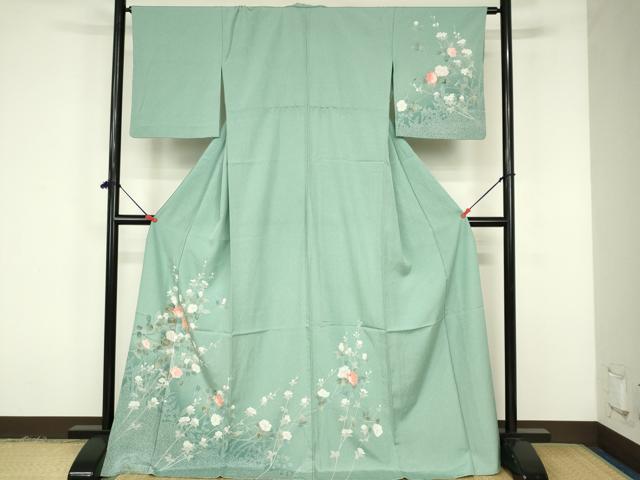 平和屋着物▽訪問着 単衣 友禅 草花 ロング丈 正絹 逸品 DABF3283op