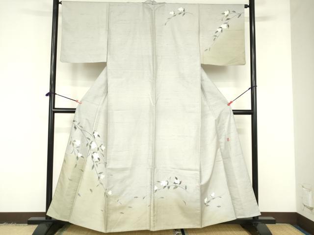 平和屋着物▽十日町友禅作家 越村幸雪 訪問着 単衣 白山紬 枝花文 暈し染め 正絹 逸品 DABF3284op