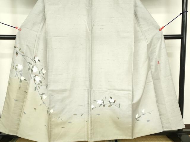 平和屋着物▽十日町友禅作家 越村幸雪 訪問着 単衣 白山紬 枝花文 暈し染め 正絹 逸品 DABF3284op