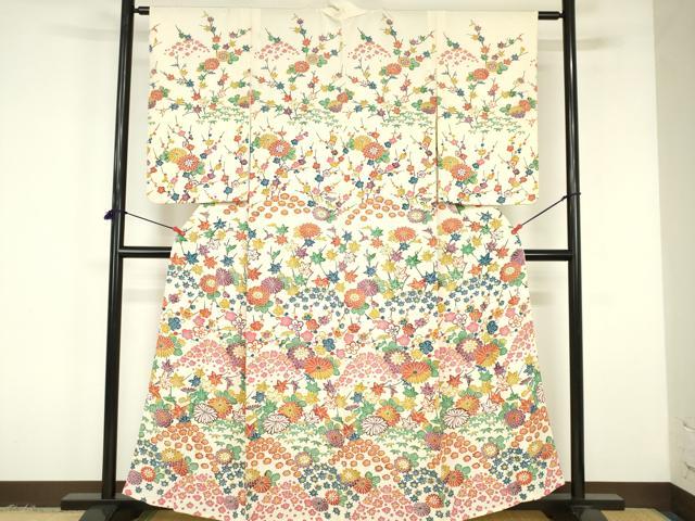 平和屋着物▽訪問着 単衣 型染 菊 枝梅 正絹 逸品 DABF3287op