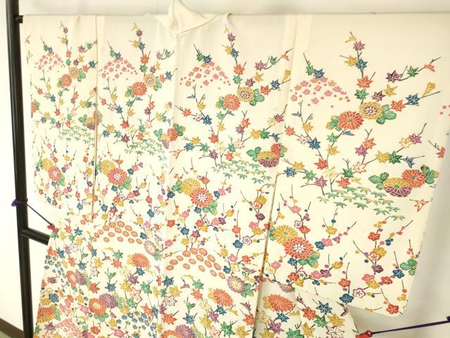 平和屋着物▽訪問着 単衣 型染 菊 枝梅 正絹 逸品 DABF3287op