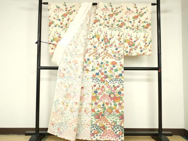 平和屋着物▽訪問着 単衣 型染 菊 枝梅 正絹 逸品 DABF3287op