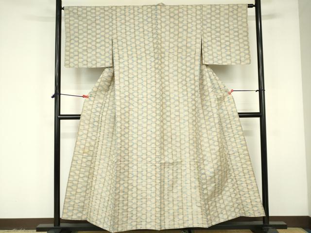 平和屋着物▽上質な紬 単衣 花織 幾何学文様 正絹 逸品 DABF3298op