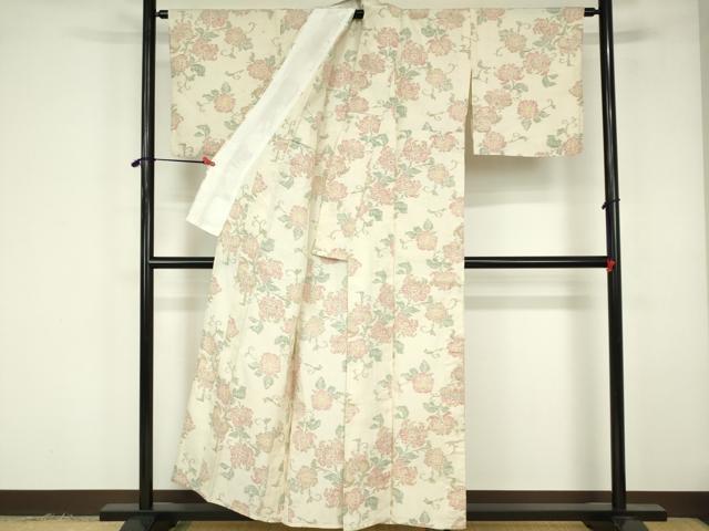 平和屋着物▽本場眞綿紬 単衣 更紗花文 証紙付き 正絹 逸品 DABF3300op