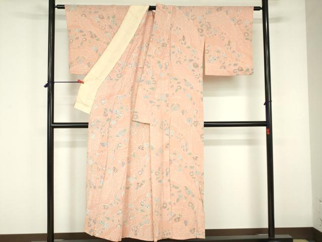 平和屋着物▽上質な小紋 単衣 更紗花文 鬼しぼ縮緬 正絹 逸品 DABF3307op