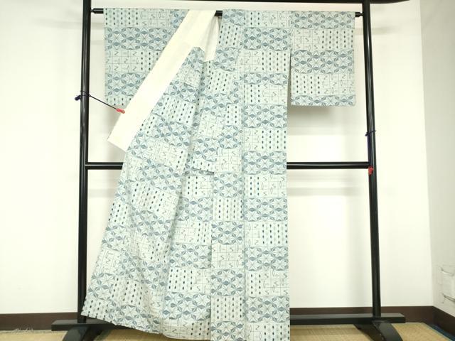 平和屋着物▽上質な紬 単衣 麻の葉文様 正絹 逸品 DABF3308op