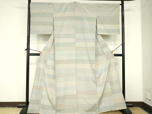 平和屋着物▽上質なお召 単衣 横段文 正絹 逸品 DABF3323op