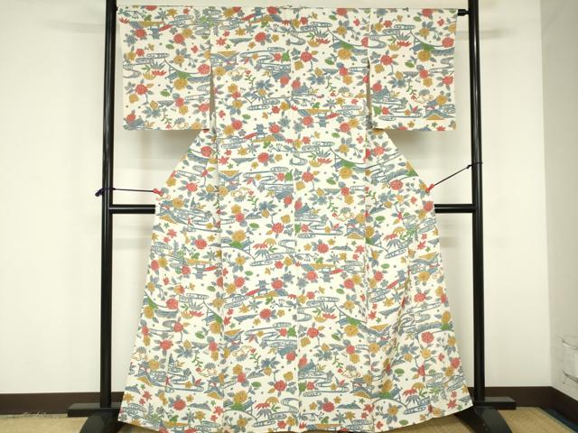 平和屋着物▽上質な小紋 単衣 流水風景花文 正絹 逸品 DABF3327op